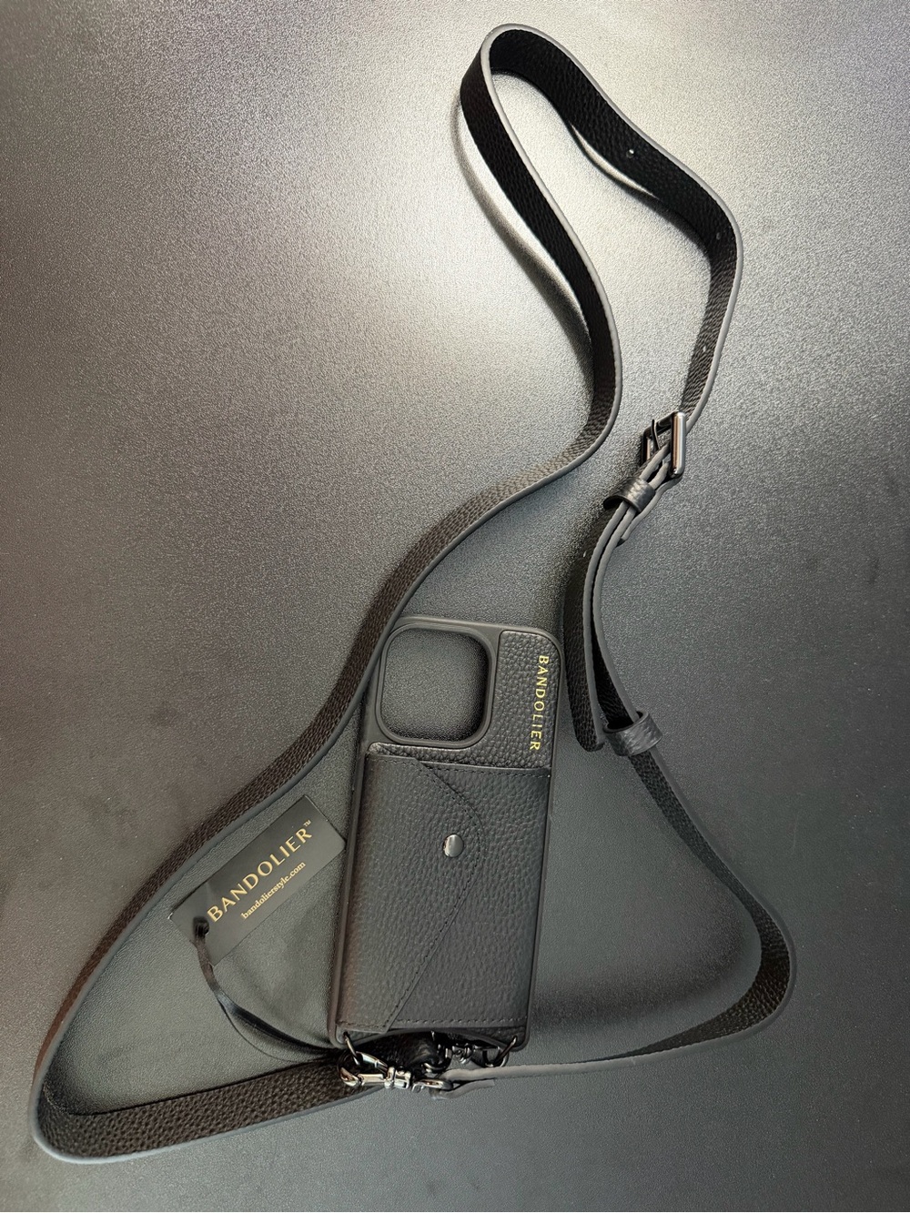 Bandolier Black Leather Crossbody Phone Case with Detachable Strap 15 Pro - Picture 3 of 11